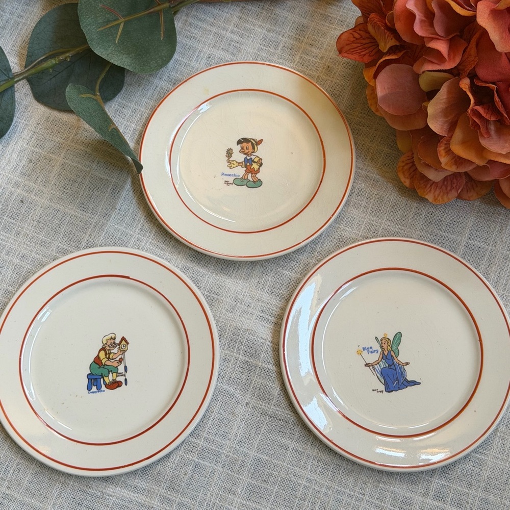 Disney Pinocchio Set Wadeheath England Tea Plates  5” Geppetto Blue Fairy